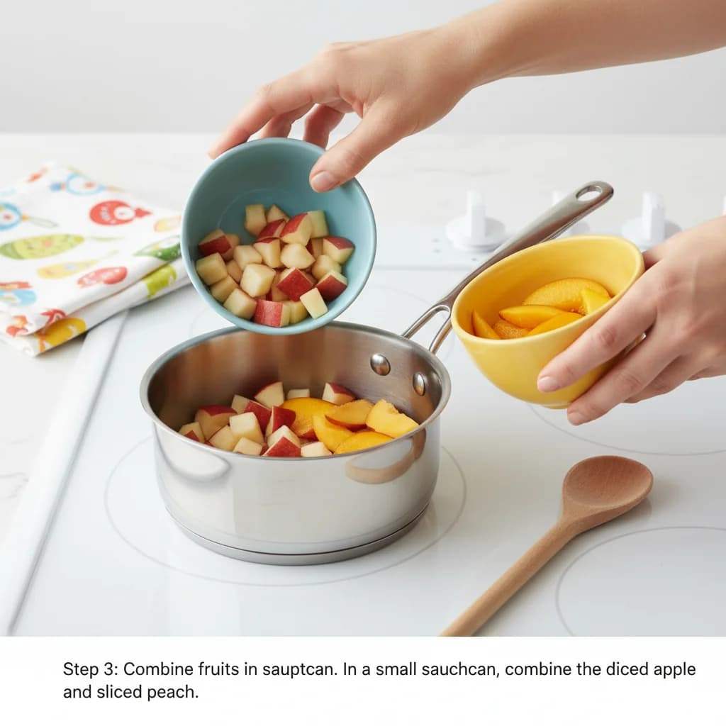 Step 3: Combine fruits in saucepan: In a small saucepan, combine the diced apple and sliced peach. for Fruity Cereal Swirl: Apple, Strawberry & Peach Purée
