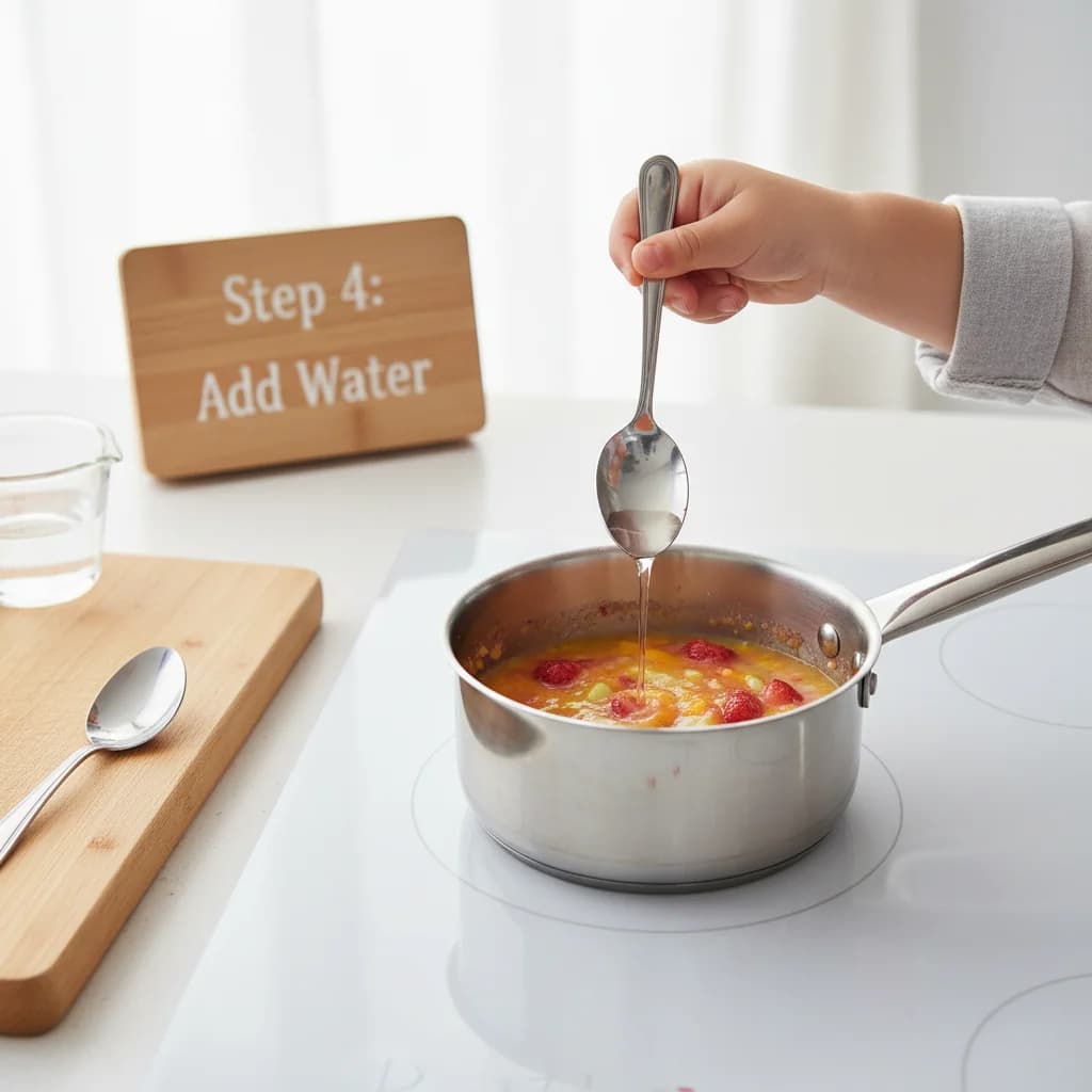 Step 4: Add water: Add 2 tablespoons of water to the saucepan. for Fruity Cereal Swirl: Apple, Strawberry & Peach Purée