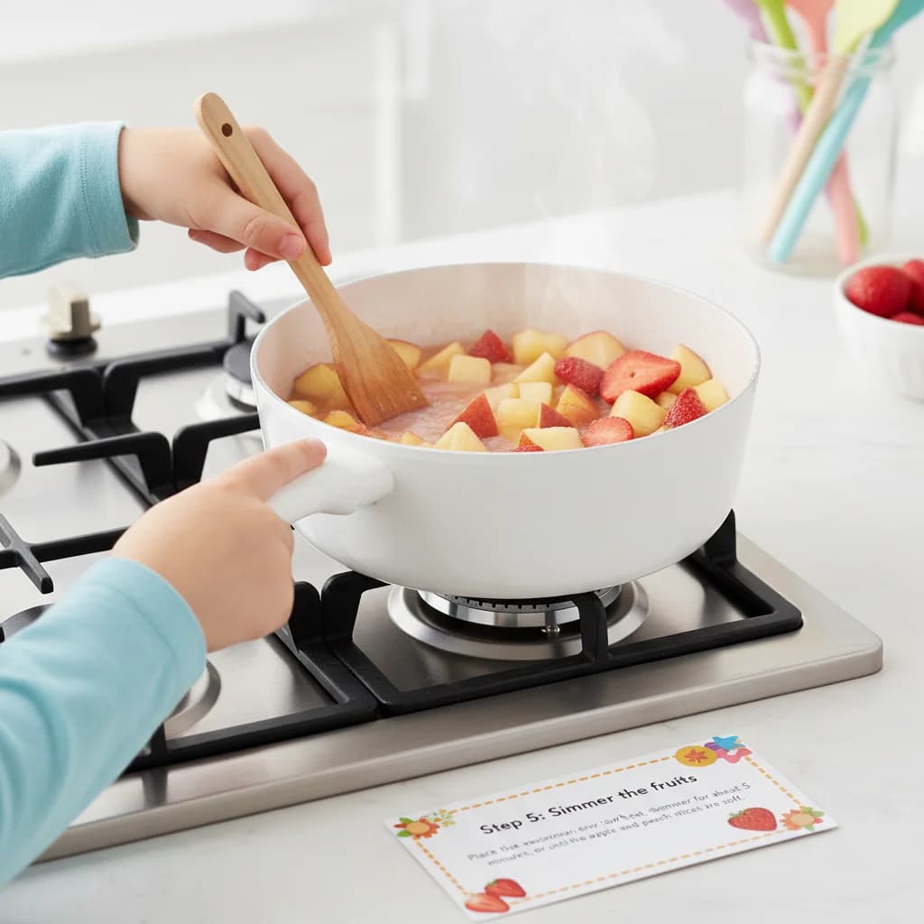 Step 5: Simmer the fruits: Place the saucepan over low heat and simmer for about 5 minutes, or until the app for Fruity Cereal Swirl: Apple, Strawberry & Peach Purée