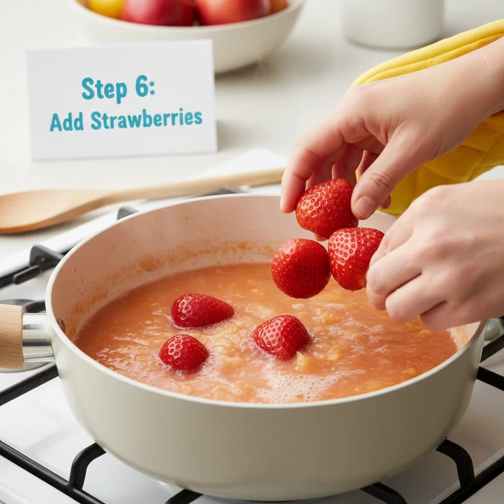 Step 6: Add strawberries: Add the hulled strawberries to the saucepan during the last minute of cooking. Str for Fruity Cereal Swirl: Apple, Strawberry & Peach Purée
