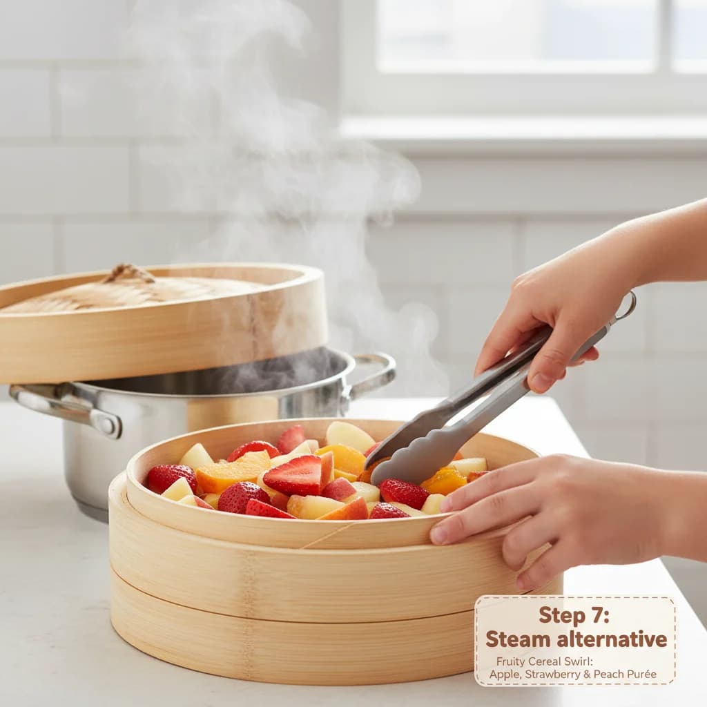 Step 7: Steam alternative: Alternatively, steam all the fruits together for about 5 minutes until soft. for Fruity Cereal Swirl: Apple, Strawberry & Peach Purée
