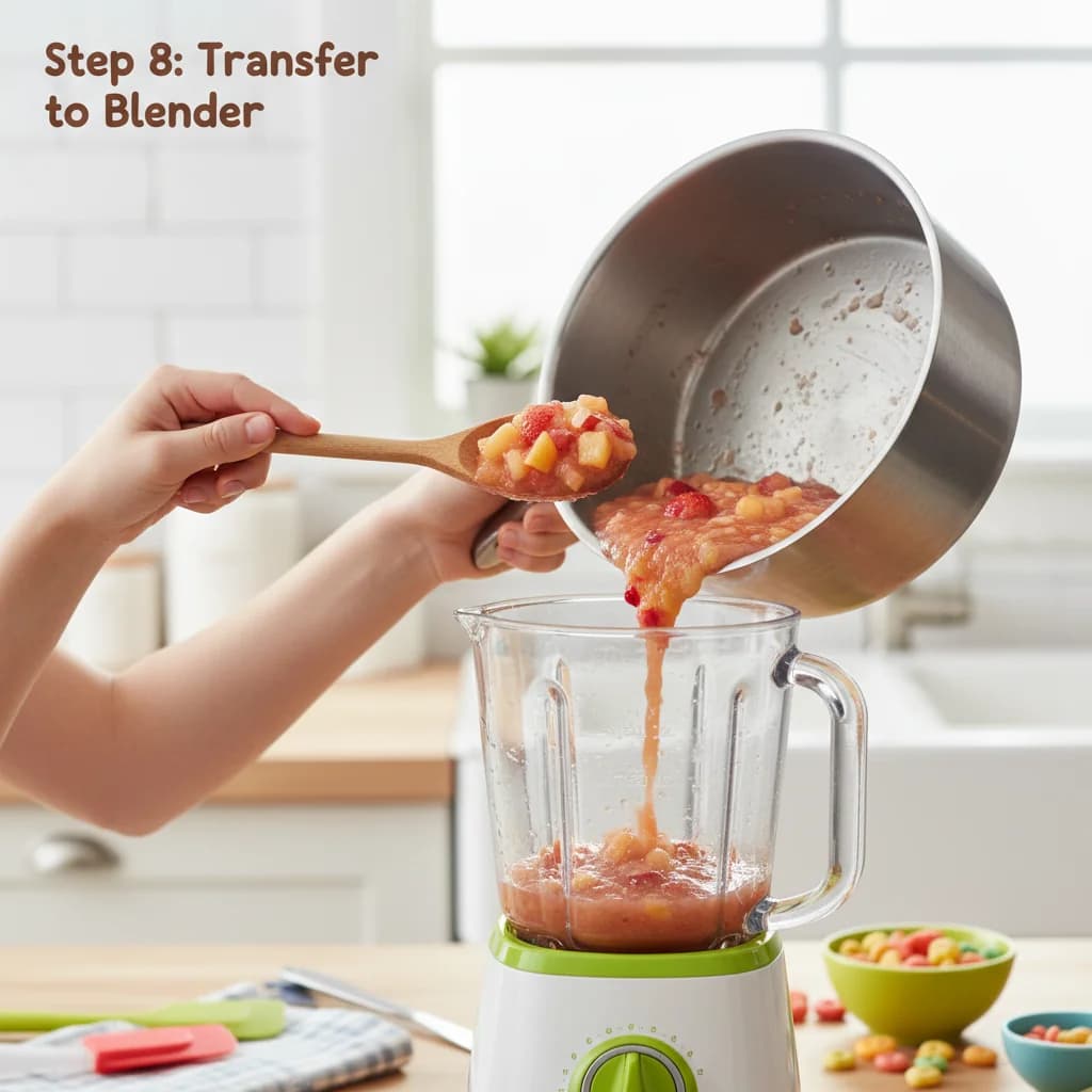 Step 8: Transfer to blender: Carefully transfer the softened fruits and any remaining water from the saucepa for Fruity Cereal Swirl: Apple, Strawberry & Peach Purée