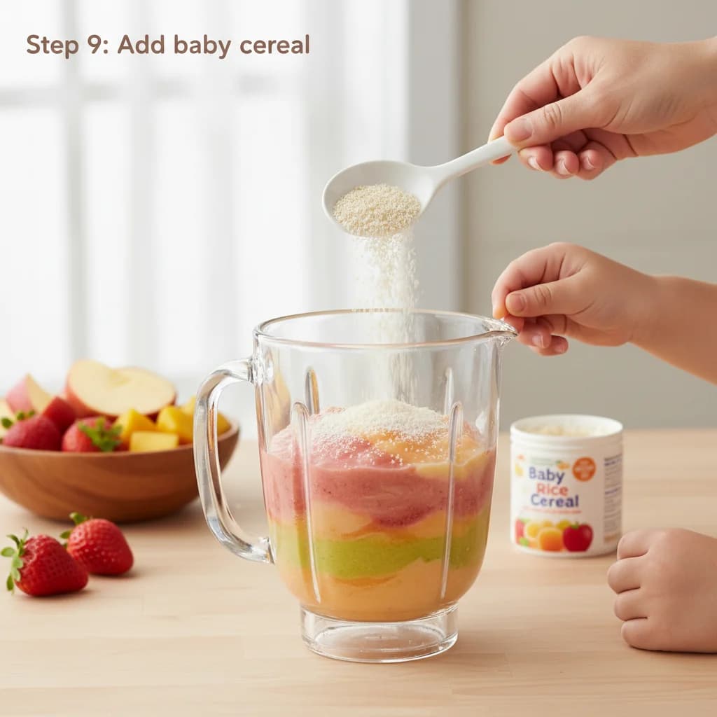 Step 9: Add baby cereal: Add 1 tablespoon of baby rice cereal (or oatmeal cereal) to the blender. for Fruity Cereal Swirl: Apple, Strawberry & Peach Purée