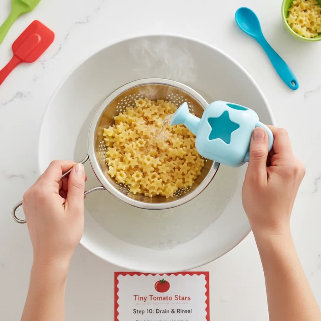 Step 10: Once the pasta is cooked, drain it well. You can rinse it with water to remove excess starch and pre for Tiny Tomato Stars (Baby's First Pasta)