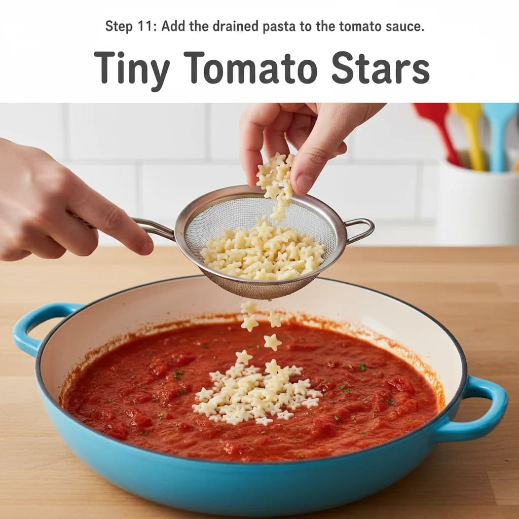 Step 11: Add the drained pasta to the tomato sauce in the skillet. for Tiny Tomato Stars (Baby's First Pasta)