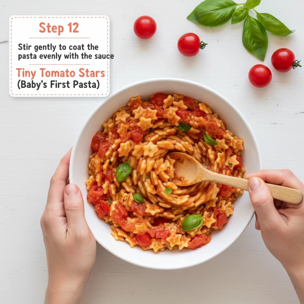 Step 12: Stir gently to coat the pasta evenly with the sauce. for Tiny Tomato Stars (Baby's First Pasta)