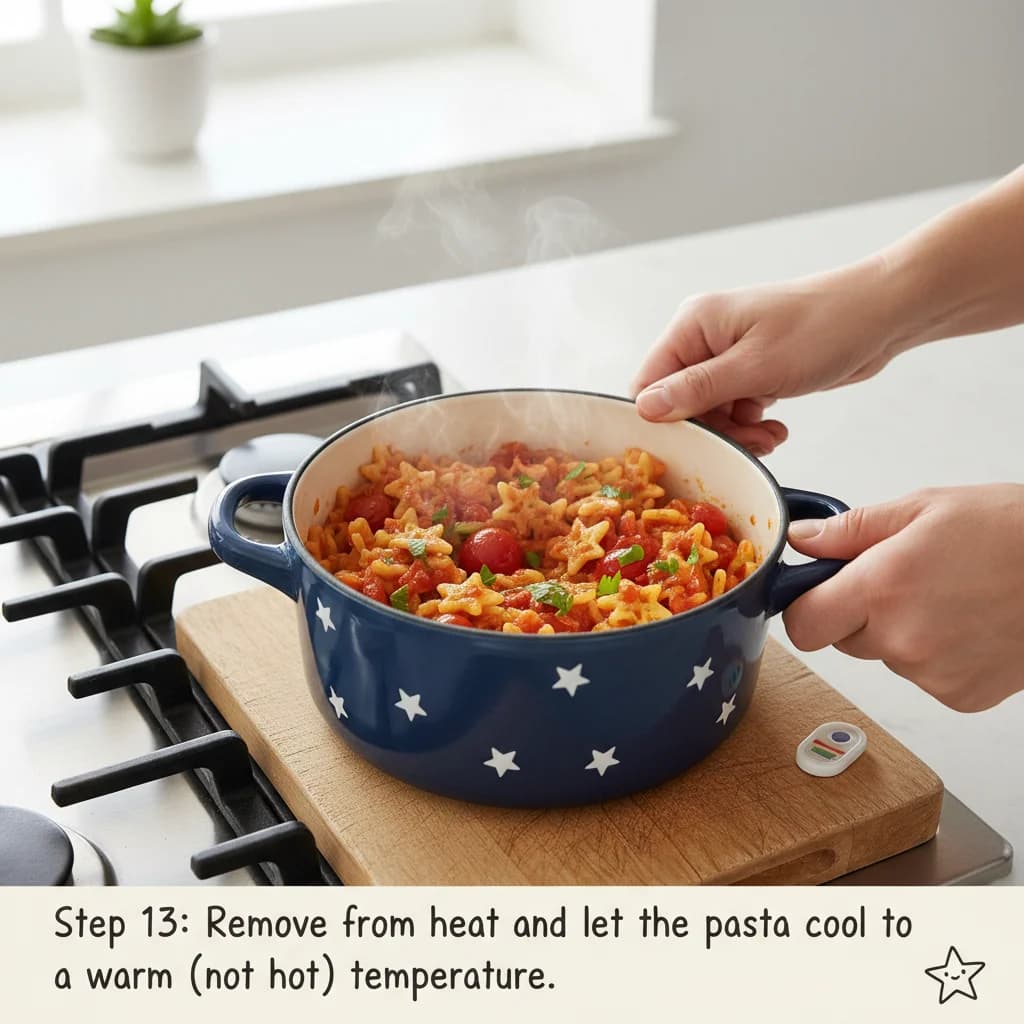 Step 13: Remove from heat and let the pasta cool to a warm (not hot) temperature. for Tiny Tomato Stars (Baby's First Pasta)