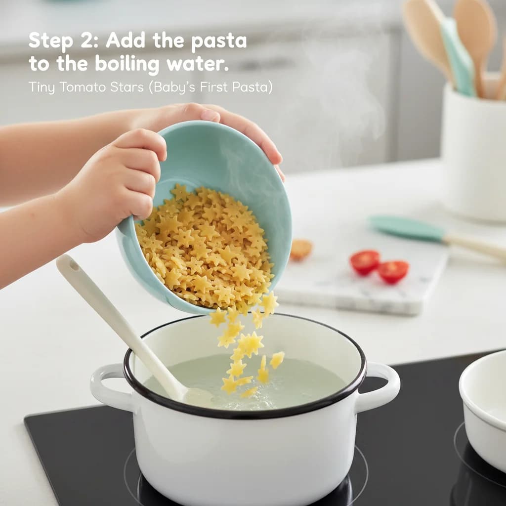 Step 2: Add the pasta to the boiling water. for Tiny Tomato Stars (Baby's First Pasta)