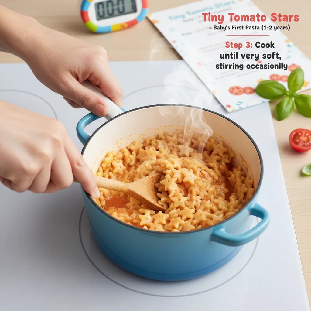 Step 3: Cook the pasta until very soft, about 6-10 minutes, stirring occasionally to prevent sticking. Ensur for Tiny Tomato Stars (Baby's First Pasta)