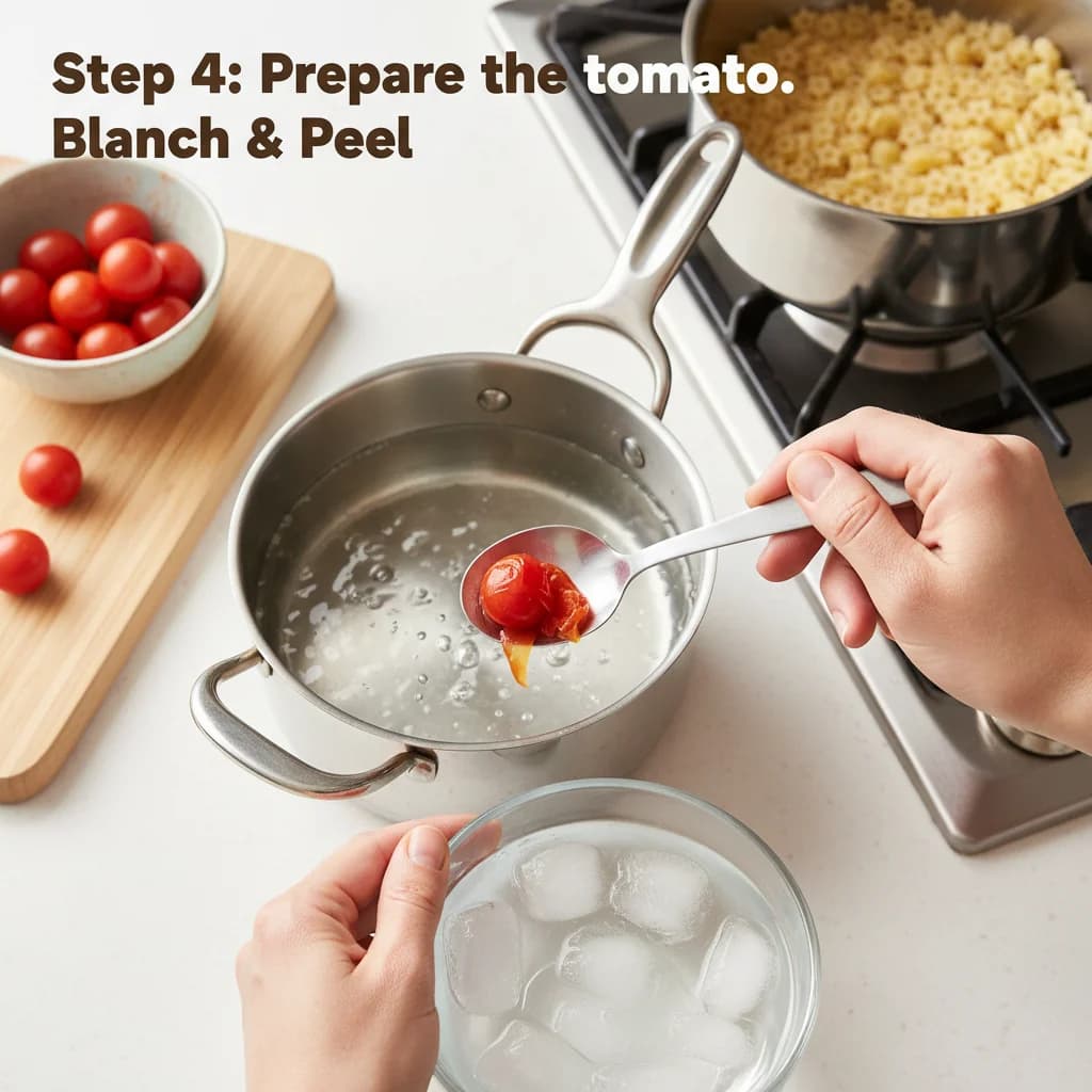 Step 4: While pasta is cooking, prepare the tomato. If using a fresh tomato, blanch it in boiling water for for Tiny Tomato Stars (Baby's First Pasta)