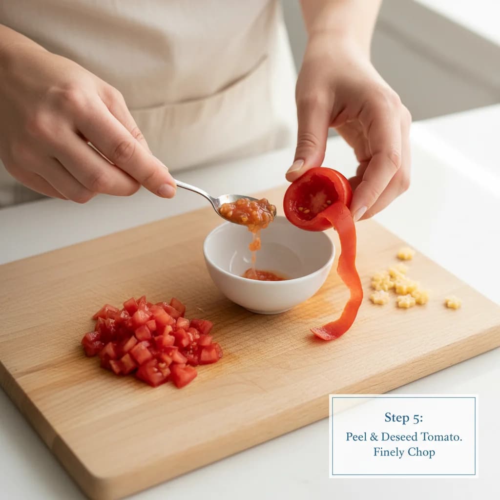 Step 5: Peel the tomato and remove the seeds (optional, to reduce acidity). Finely chop the tomato flesh. for Tiny Tomato Stars (Baby's First Pasta)
