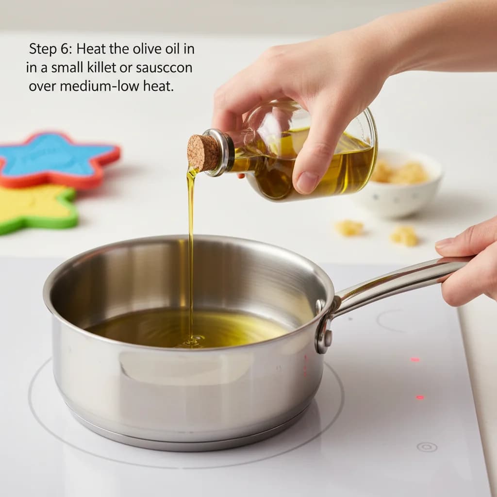Step 6: Heat the olive oil in a small skillet or saucepan over medium-low heat. for Tiny Tomato Stars (Baby's First Pasta)
