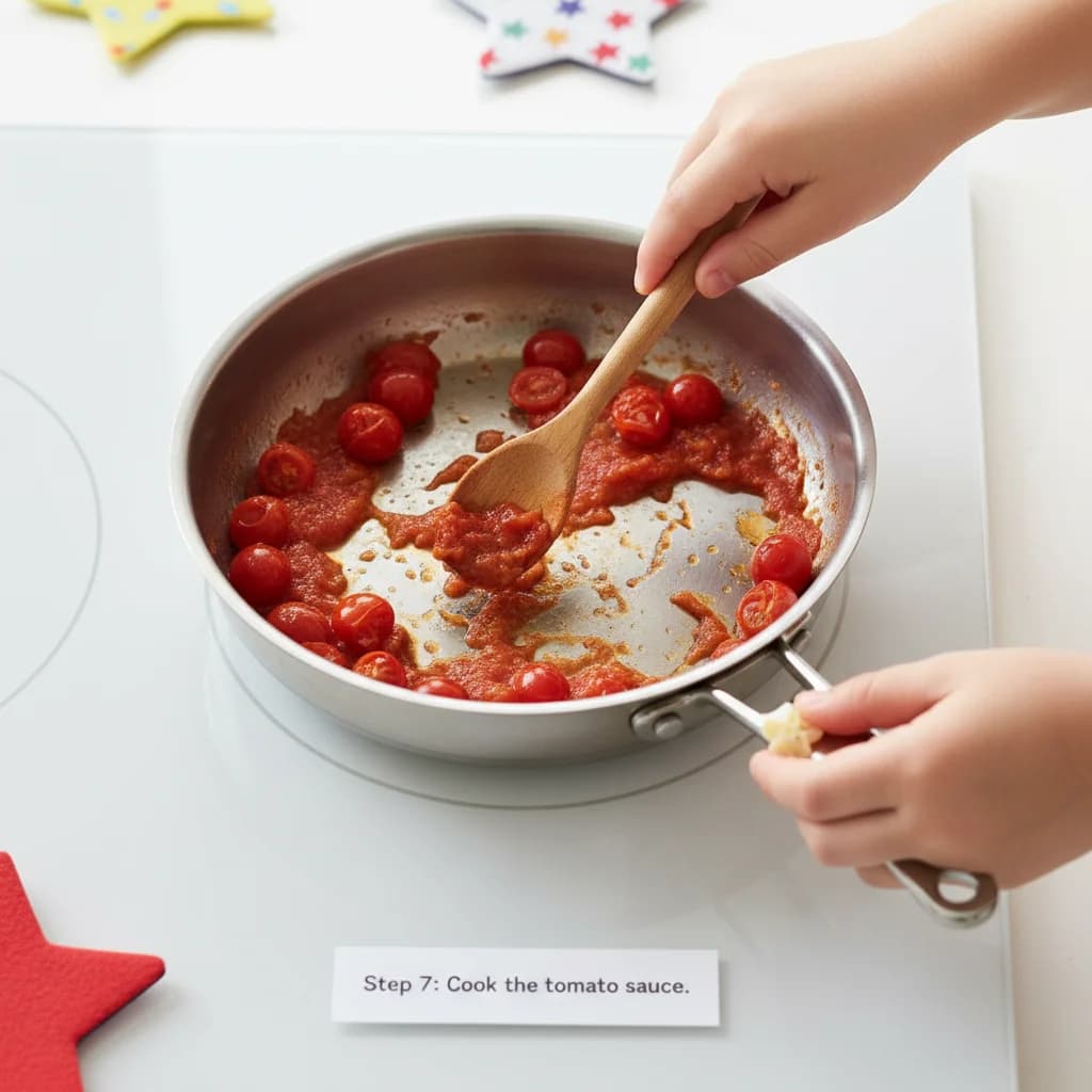 Step 7: Add the chopped tomato (or crushed tomatoes) to the skillet. Cook for 3-5 minutes, stirring occasion for Tiny Tomato Stars (Baby's First Pasta)