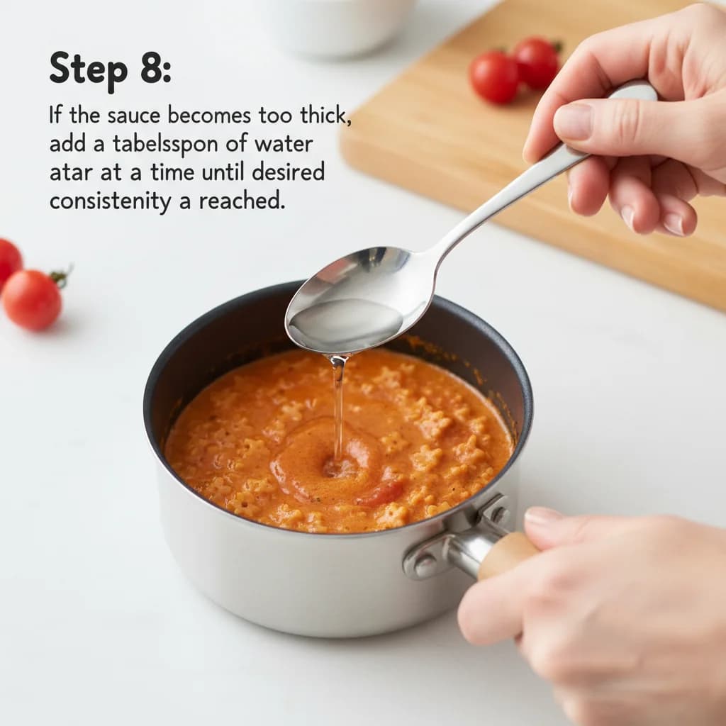 Step 8: If the sauce becomes too thick, add a tablespoon of water at a time until desired consistency is rea for Tiny Tomato Stars (Baby's First Pasta)
