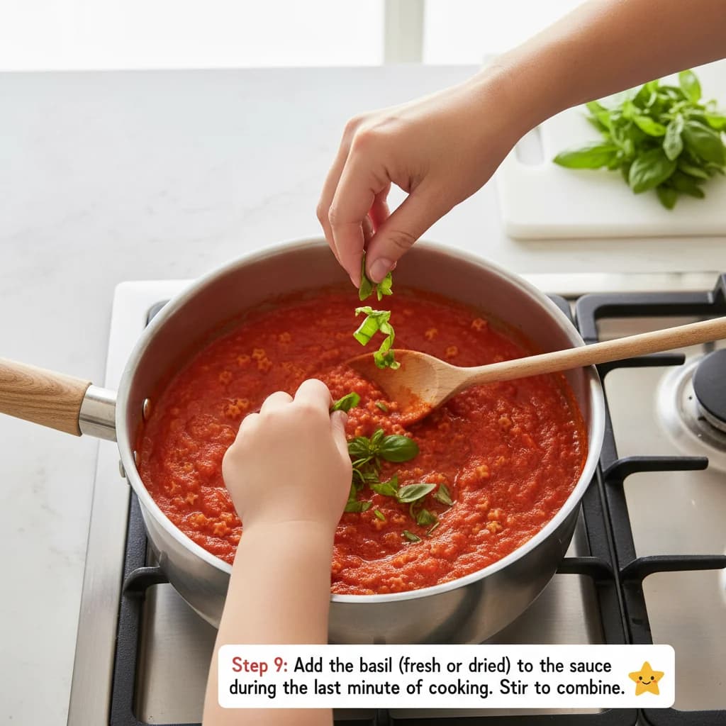 Step 9: Add the basil (fresh or dried) to the sauce during the last minute of cooking. Stir to combine. for Tiny Tomato Stars (Baby's First Pasta)