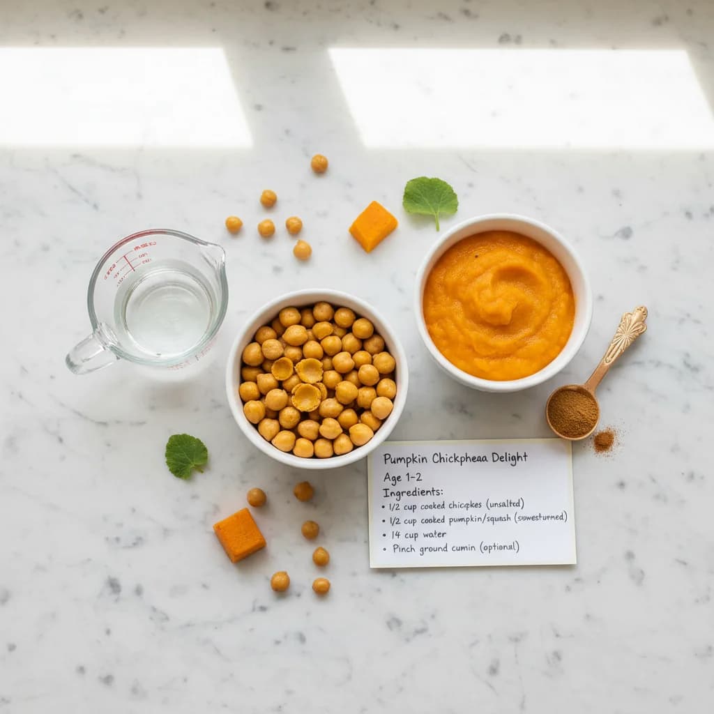 All ingredients needed for Pumpkin Chickpea Delight arranged on a clean surface