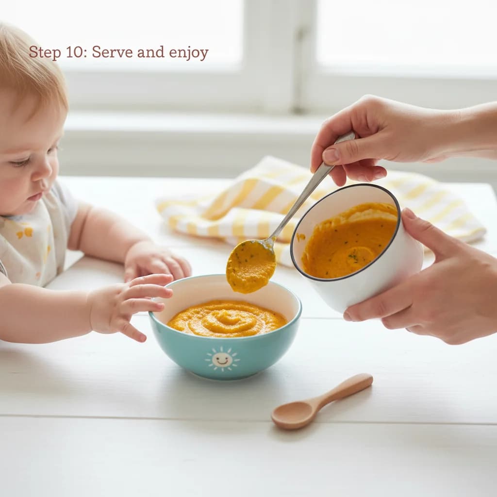 Step 10: Serve and enjoy: Spoon the purée into a bowl and offer it to your baby. Observe their reaction and a for Pumpkin Chickpea Delight