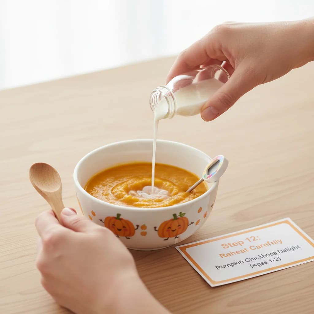 Step 12: Reheat carefully: When reheating, add a splash of water or breast milk/formula to thin it out if it for Pumpkin Chickpea Delight