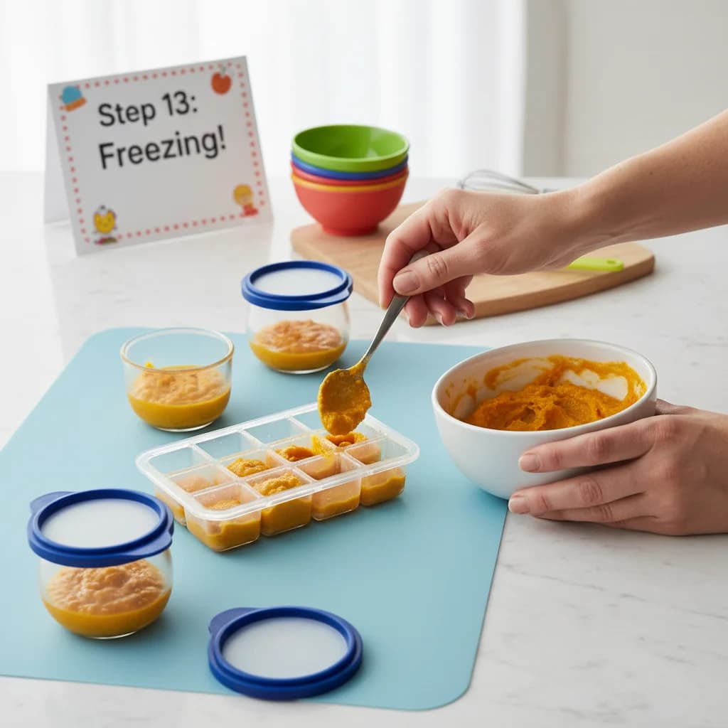 Step 13: Freezing: For longer storage, freeze the purée in small, individual portions using ice cube trays or for Pumpkin Chickpea Delight