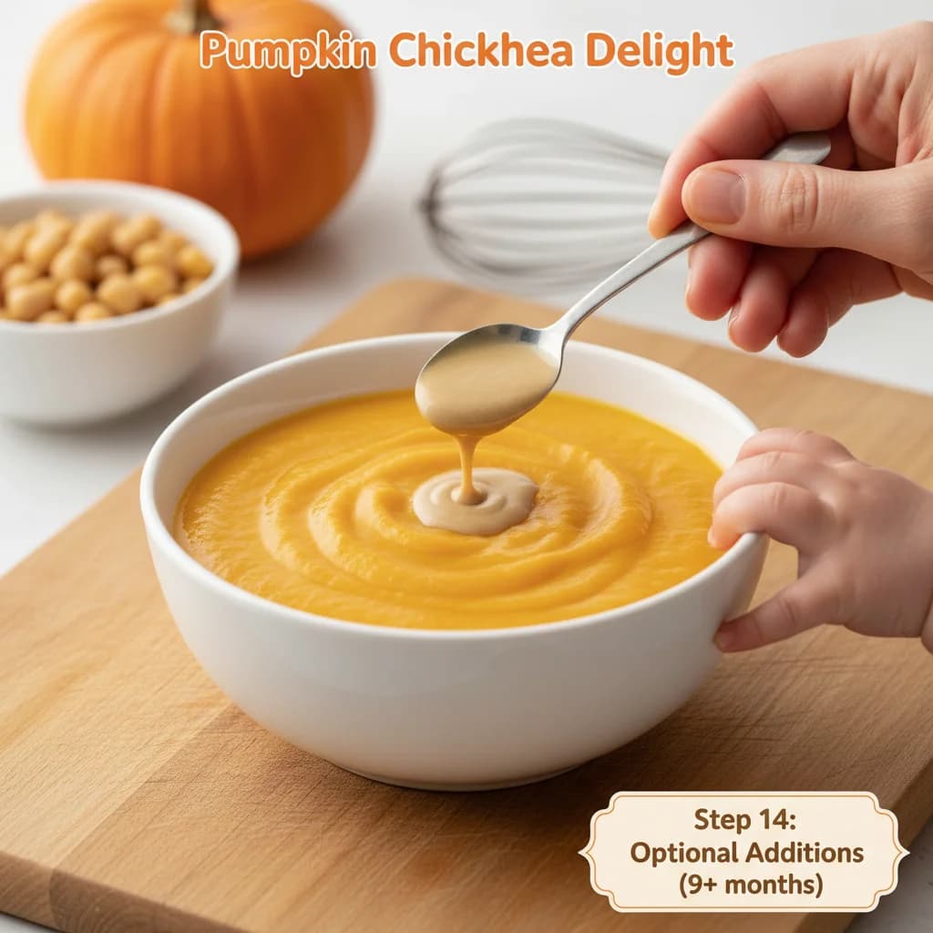 Step 14: Optional additions (for older babies): For babies over 9 months who have tried tahini, a tiny 1/2 te for Pumpkin Chickpea Delight