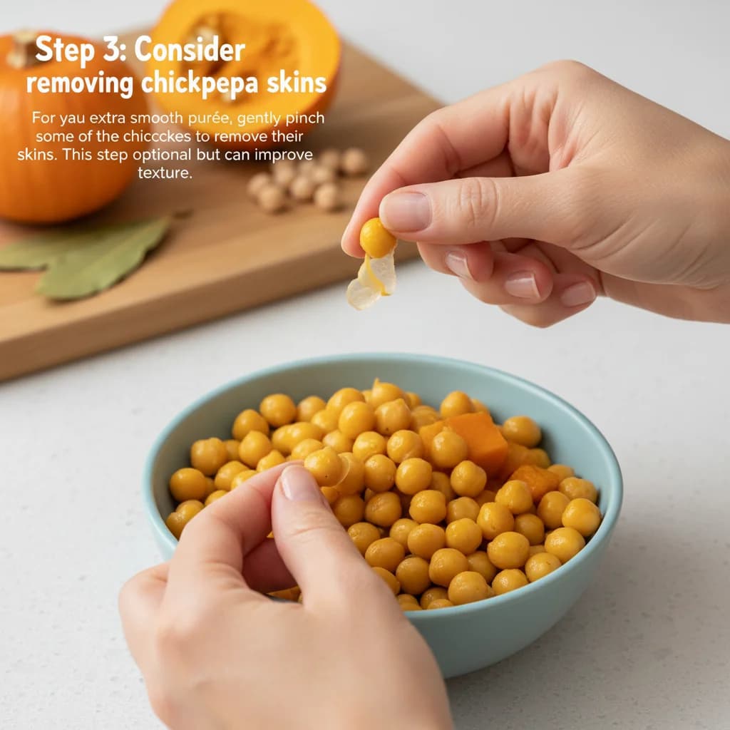 Step 3: Consider removing chickpea skins: For an extra smooth purée, gently pinch some of the chickpeas to r for Pumpkin Chickpea Delight