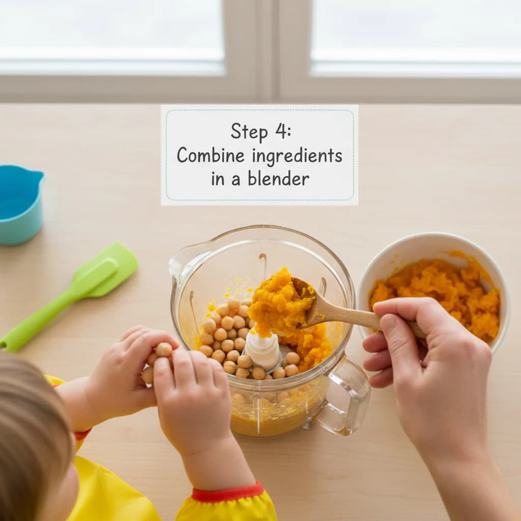 Step 4: Combine ingredients in a blender: Place the softened chickpeas and cooked pumpkin into a blender or for Pumpkin Chickpea Delight