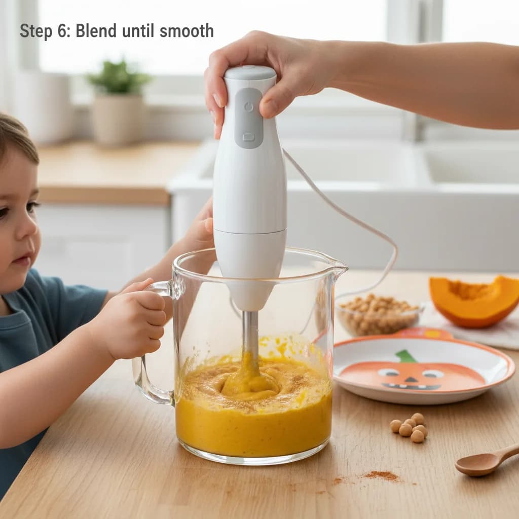 Step 6: Blend until smooth: Start blending on low speed, gradually increasing to high. Blend until the mixtu for Pumpkin Chickpea Delight