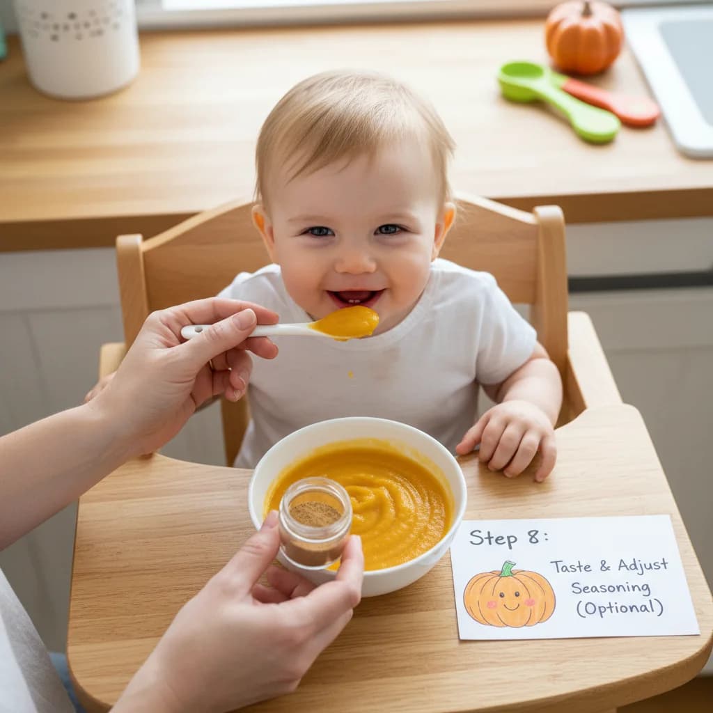 Step 8: Taste and adjust seasoning (optional): If your baby is used to more flavors, taste the purée and add for Pumpkin Chickpea Delight