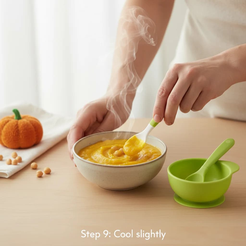 Step 9: Cool slightly: Allow the purée to cool slightly before serving. Ensure it's not too hot for your bab for Pumpkin Chickpea Delight