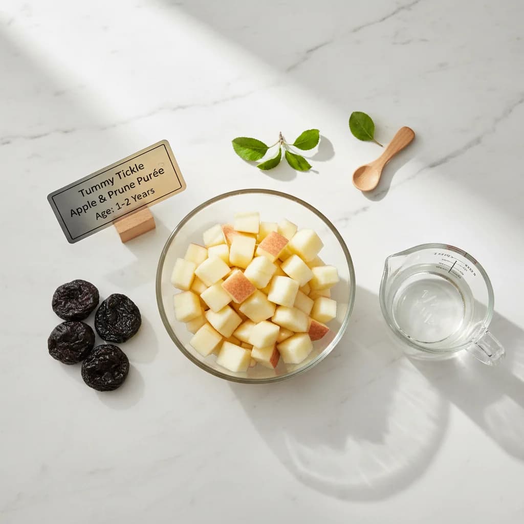 All ingredients needed for Tummy Tickle Apple & Prune Purée arranged on a clean surface