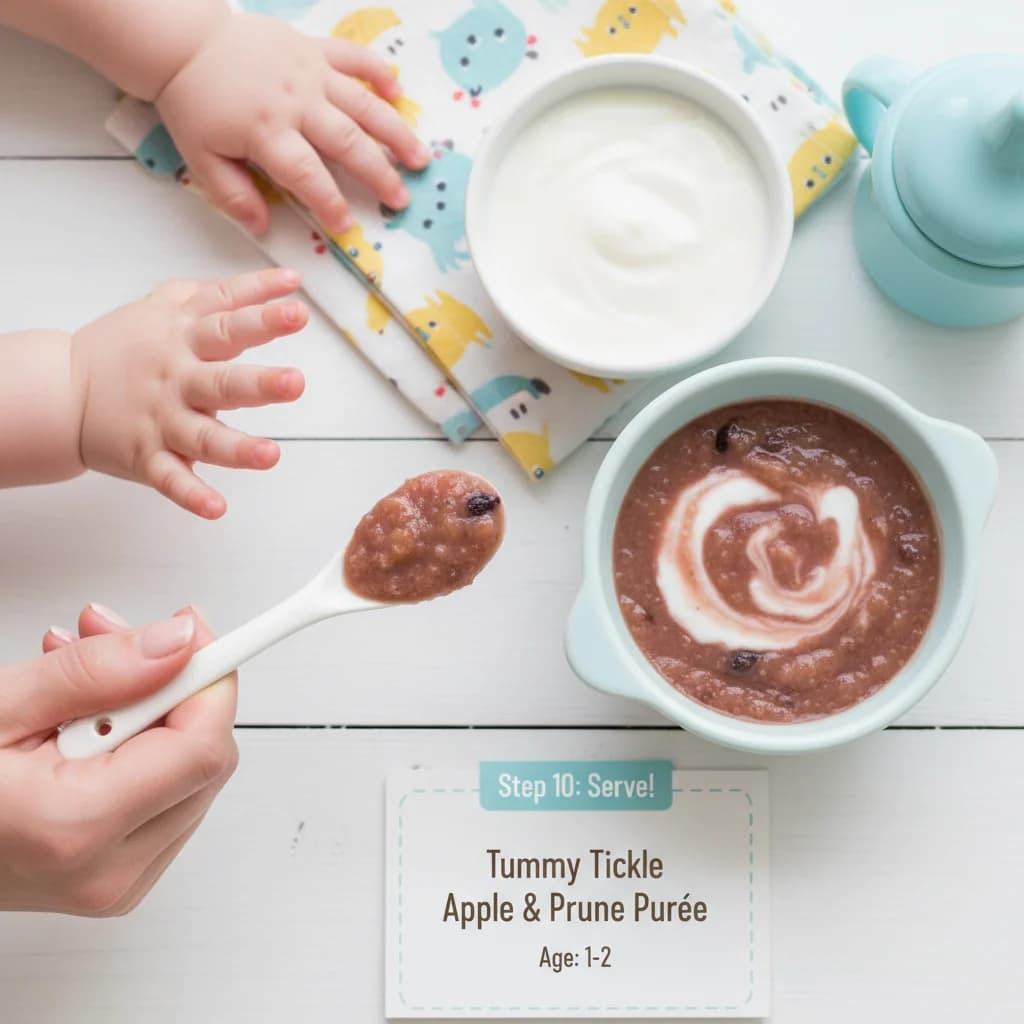 Step 10: **Serve:** Offer a small spoonful to your little one. The purée can be served on its own or mixed in for Tummy Tickle Apple & Prune Purée