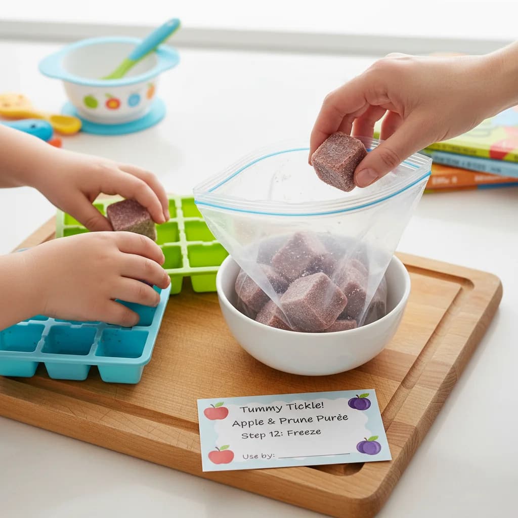 Step 12: **Freezing:** For longer storage, freeze the purée in ice cube trays. Once frozen, transfer the cube for Tummy Tickle Apple & Prune Purée