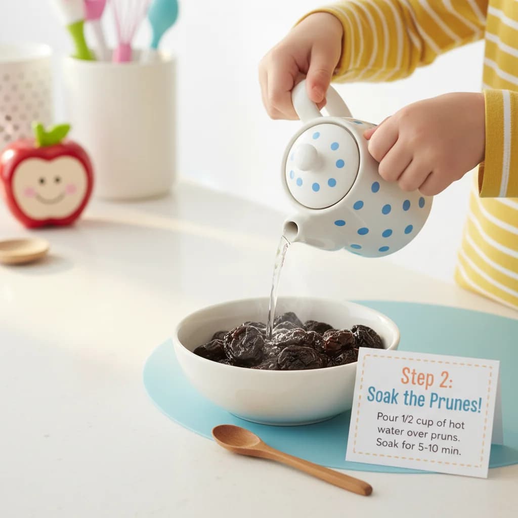 Step 2: **Soak the Prunes (Step 1):** Pour 1/2 cup of hot water over the prunes. Let them soak for 5-10 minu for Tummy Tickle Apple & Prune Purée