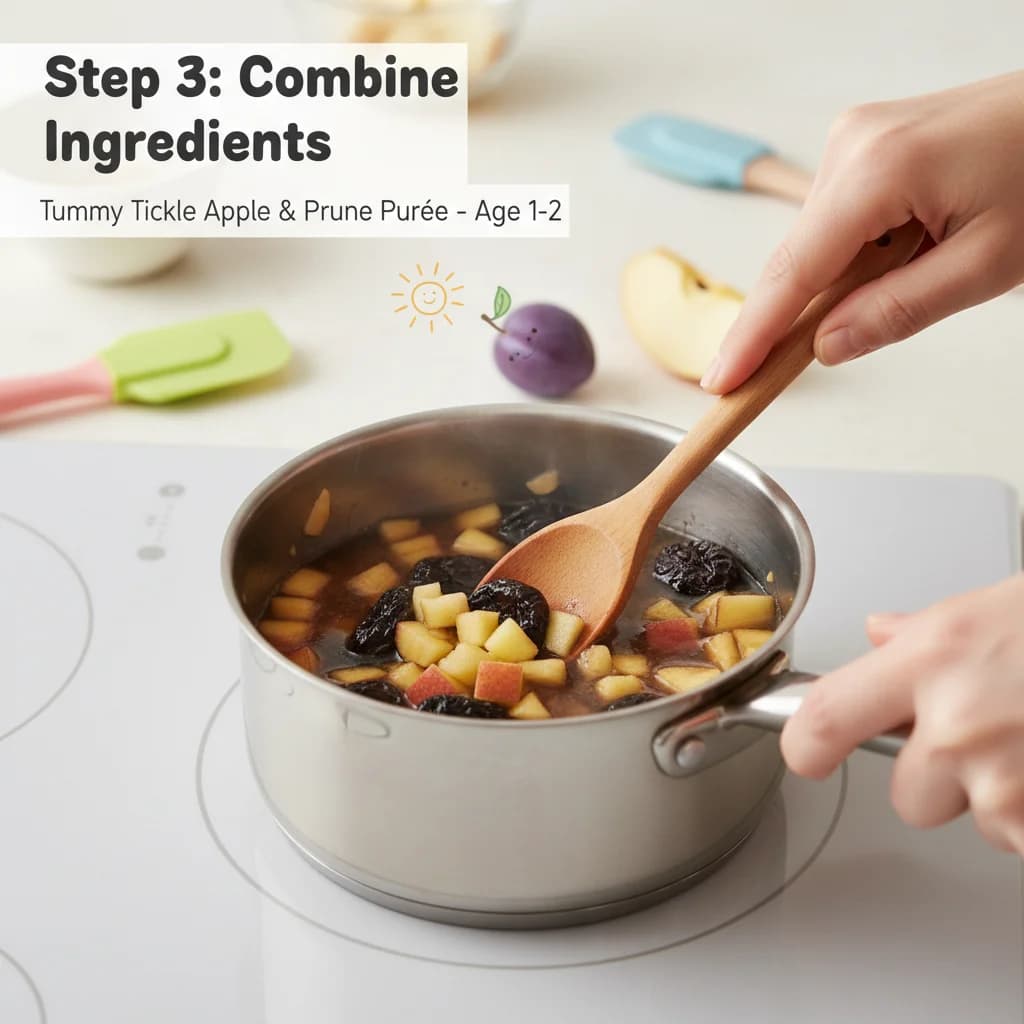 Step 3: **Combine Ingredients:** In a small saucepan, combine the soaked prunes (with the soaking water) and for Tummy Tickle Apple & Prune Purée