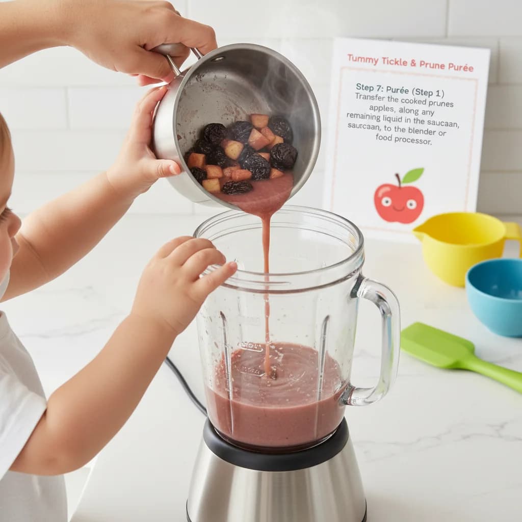 Step 7: **Purée (Step 1):** Transfer the cooked prunes and apples, along with any remaining liquid in the sa for Tummy Tickle Apple & Prune Purée
