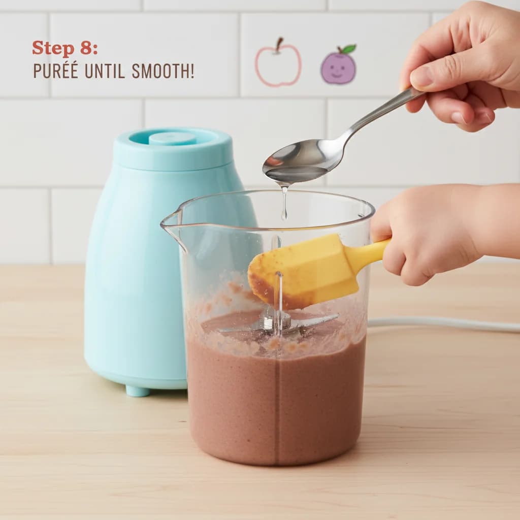 Step 8: **Purée (Step 2):** Blend until completely smooth. If the purée is too thick, add a tablespoon of wa for Tummy Tickle Apple & Prune Purée