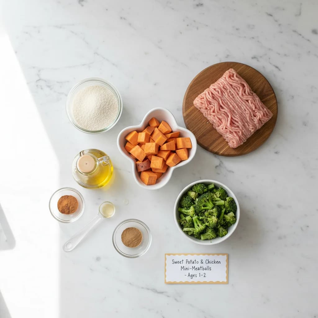 All ingredients needed for Sweet Potato & Chicken Mini-Meatballs arranged on a clean surface
