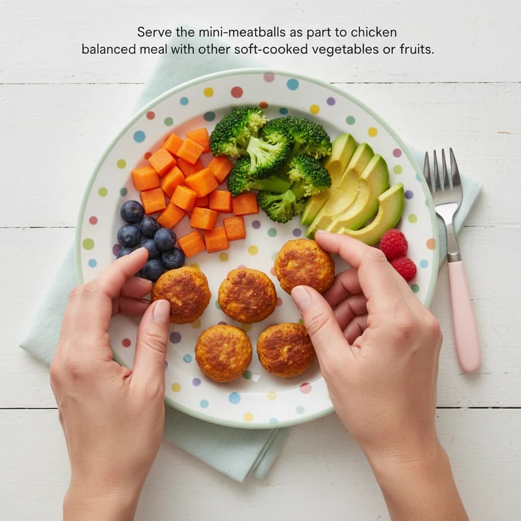 Step 10: Serve the mini-meatballs as part of a balanced meal with other soft-cooked vegetables or fruits. for Sweet Potato & Chicken Mini-Meatballs