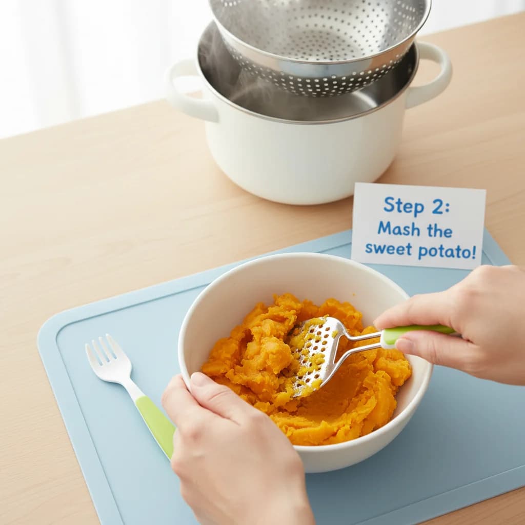 Step 2: Steam or boil the cubed sweet potato until very tender, about 10-12 minutes. Drain well and mash tho for Sweet Potato & Chicken Mini-Meatballs