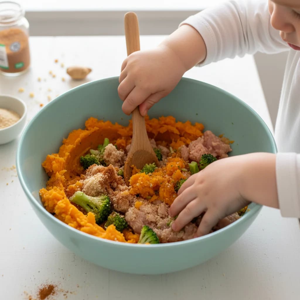 Step 3: In a large bowl, combine the mashed sweet potato, ground chicken, finely chopped broccoli, breadcrum for Sweet Potato & Chicken Mini-Meatballs