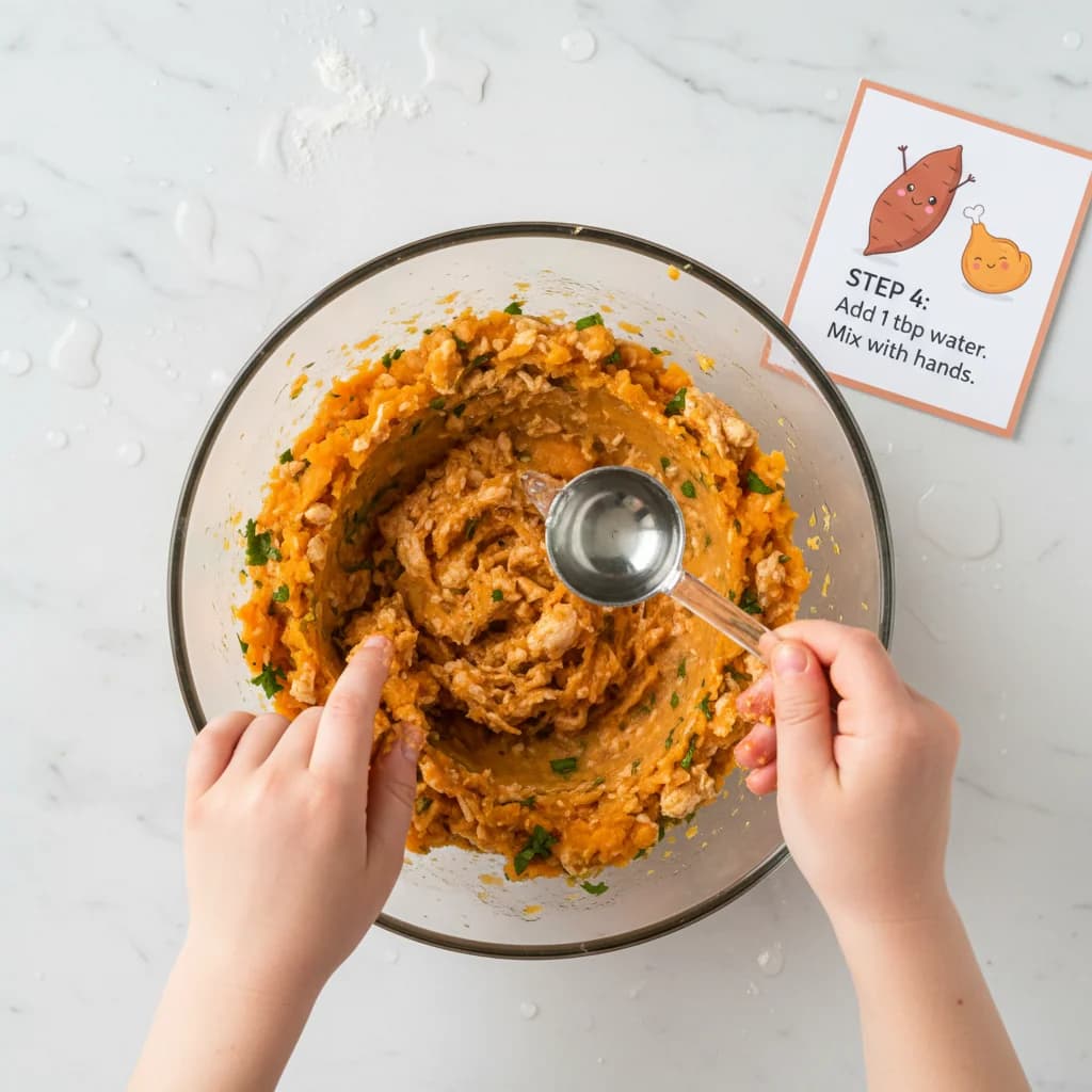 Step 4: Add 1 tablespoon of water to the mixture to help bind the ingredients. Mix well with your hands unti for Sweet Potato & Chicken Mini-Meatballs