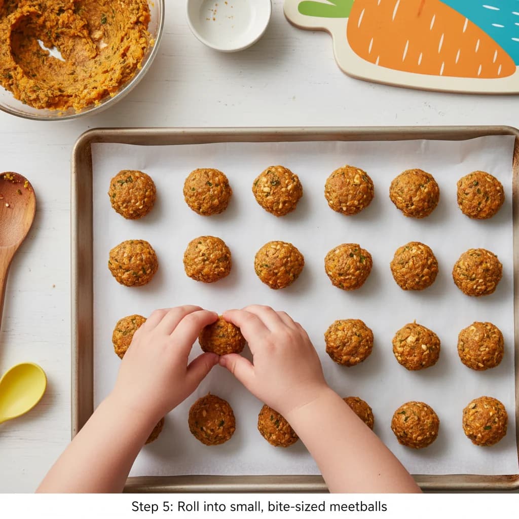 Step 5: Using your hands, roll the mixture into small, bite-sized meatballs, about 1 inch in diameter. Place for Sweet Potato & Chicken Mini-Meatballs