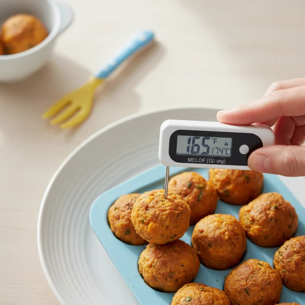 Step 7: Ensure the internal temperature of the chicken meatballs reaches 165°F (74°C) before serving. for Sweet Potato & Chicken Mini-Meatballs