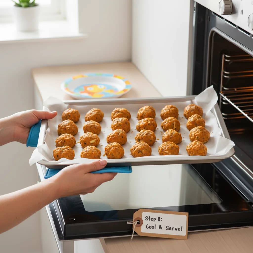 Step 8: Remove the meatballs from the oven and let them cool slightly before serving to your little one. for Sweet Potato & Chicken Mini-Meatballs