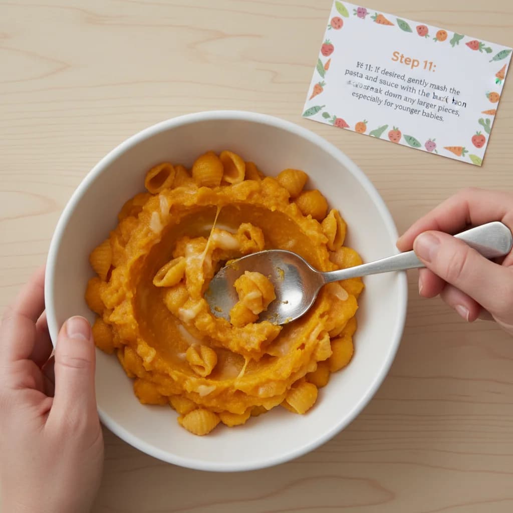 Step 11: If desired, gently mash the pasta and sauce with the back of a spoon to break down any larger pieces for Cheesy Butternut Squash Smiles