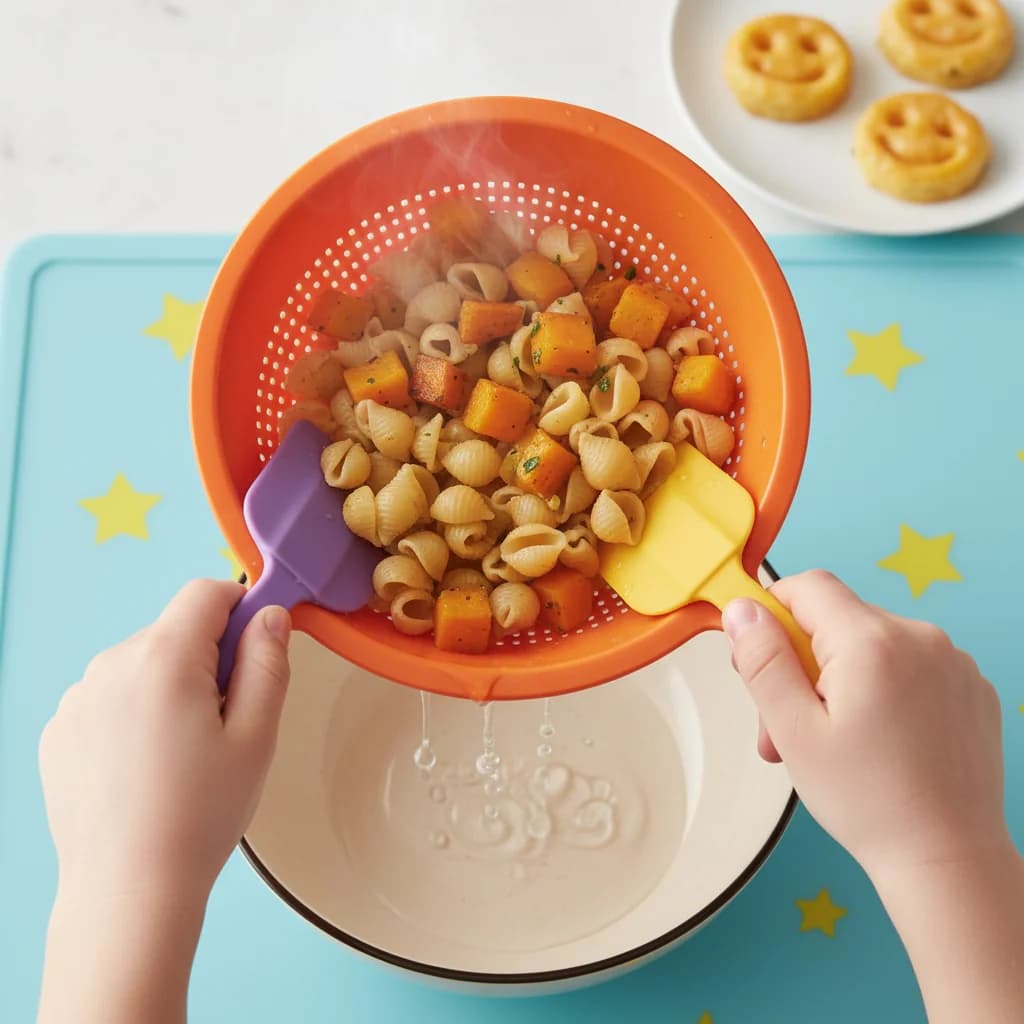 Step 3: Drain the pasta thoroughly and set aside. for Cheesy Butternut Squash Smiles