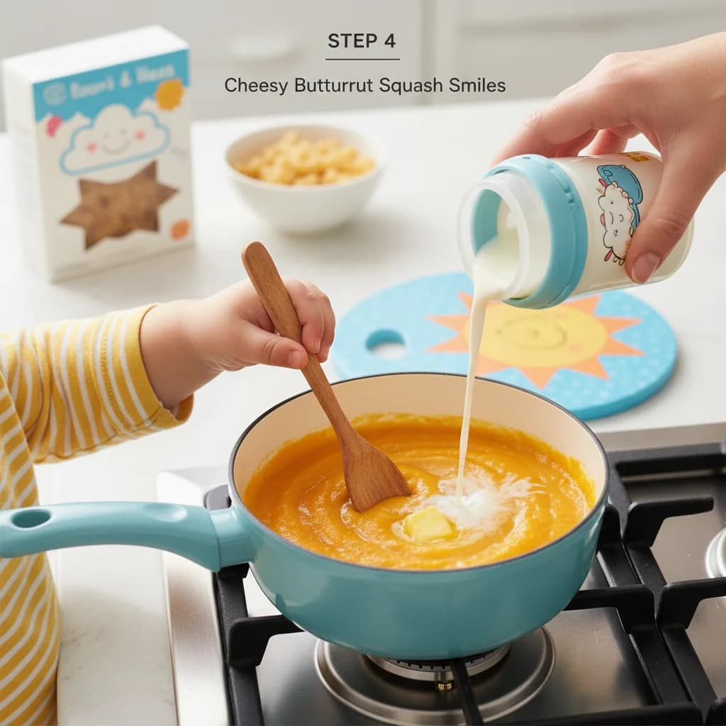 Step 4: While the pasta is cooking, in a small saucepan, combine the butternut squash purée, milk/formula, a for Cheesy Butternut Squash Smiles