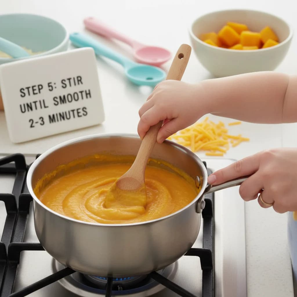 Step 5: Stir continuously until the mixture is warmed through and smooth, about 2-3 minutes. for Cheesy Butternut Squash Smiles