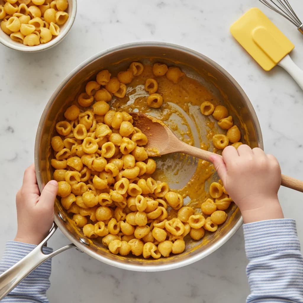 Step 9: Add the cooked pasta to the saucepan with the butternut squash cheese sauce. for Cheesy Butternut Squash Smiles