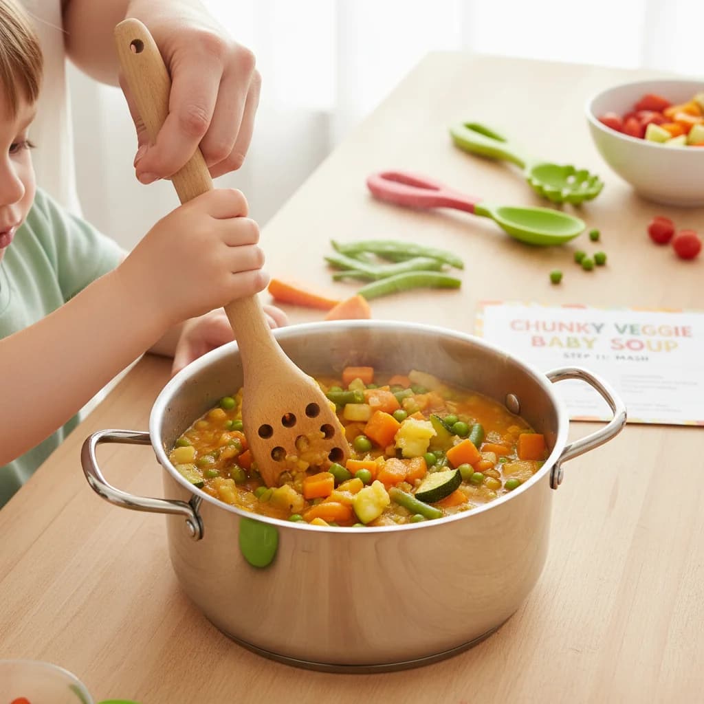Step 11: Mash (optional): Alternatively, use a fork or potato masher to gently mash some of the vegetables di for Chunky Veggie Baby Soup